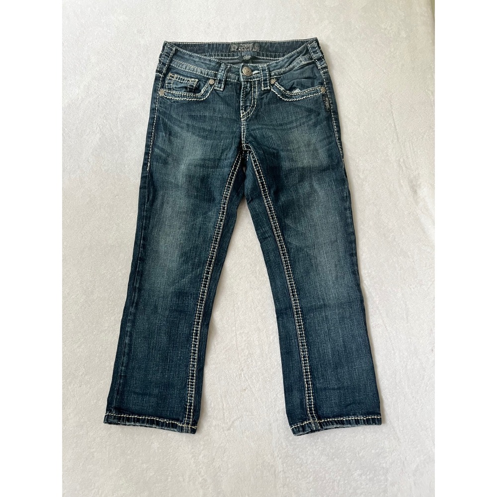 Silver Jeans Co Aiko Capri Dark Wash Embroidered Contrast Stitch Size 24